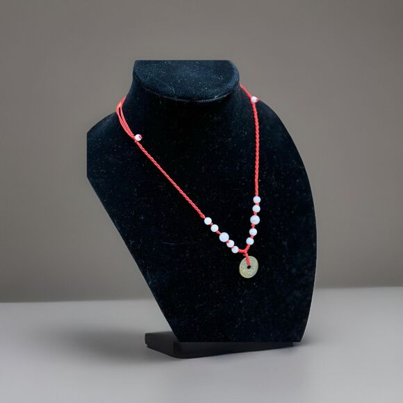 Boho Red Cord Necklace W/ Howlite  Beads and Coin Pendant Lucky Charm Jewelry - Picture 3 of 4